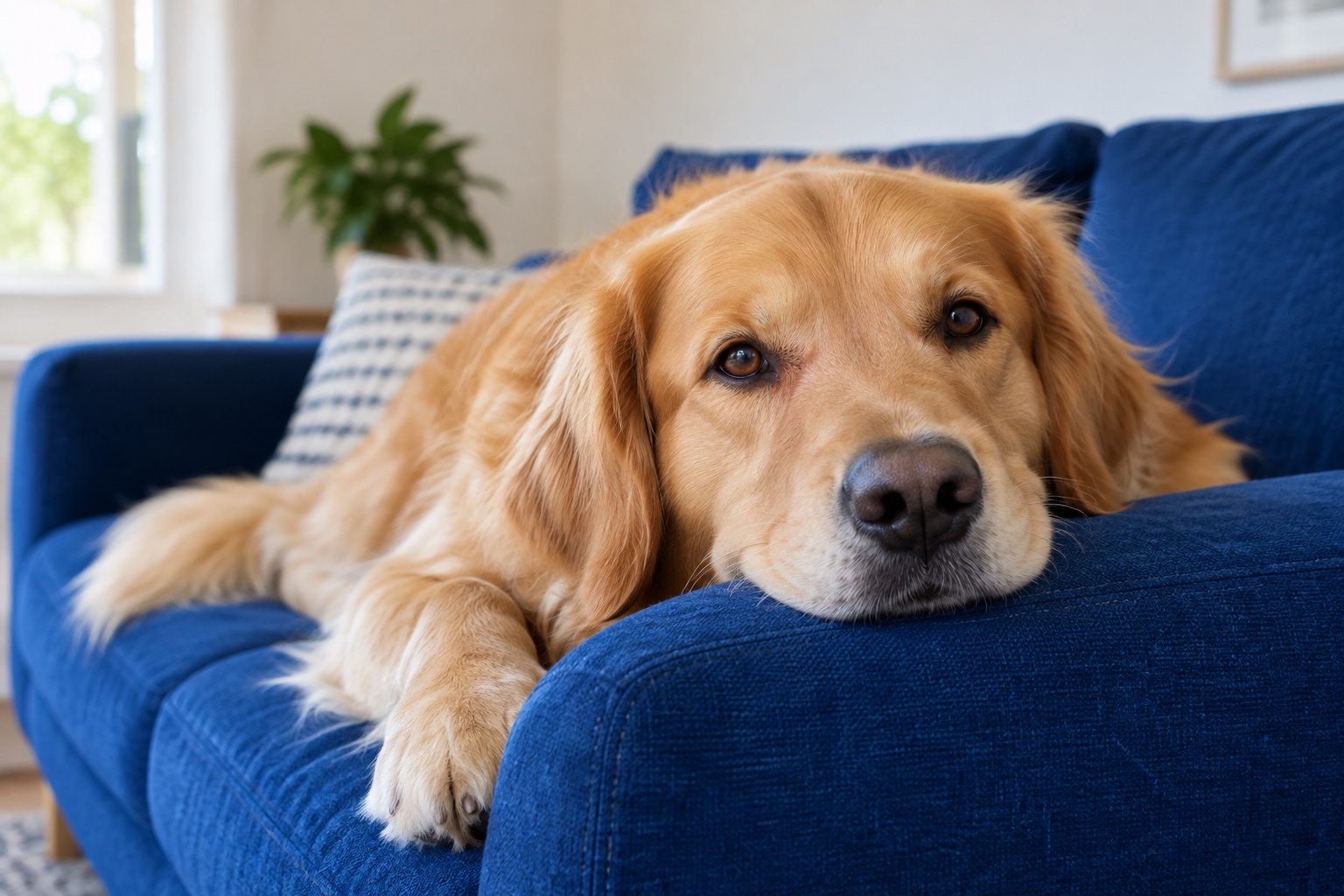 A golden retriever relaxing on a blue sofa